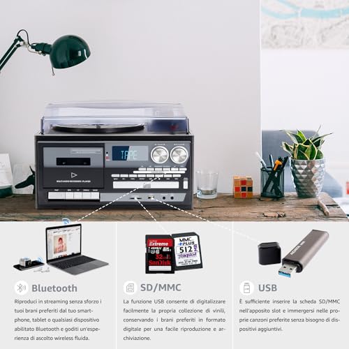 Modern Turntable with Built-in Speakers, 3 Speed Vinyl Player (33/45/78 RPM) for Home, Compact, Easy to Use and Ideal for Families and Music Lovers