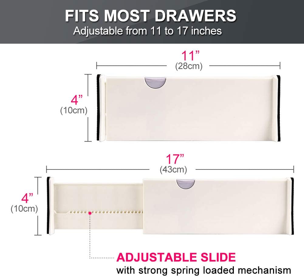 Drawer Dividers Organizer 5 Pack, Adjustable Separators 4" High Expandable from 11-17" for Bedroom, Bathroom, Closet,Clothing, Office, Kitchen Storage, Strong Secure Hold, Foam Ends, Locks in Place: Home & Kitchen