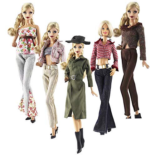 Lance Home Doll Clothes, 5 Sets Fashion Outfits Autumn Dresses Fall Clothes Windbreaker Pants Shoes Bag Hat for Barbie Accessories Baby Gifts Random Style