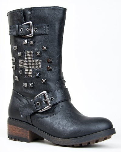 Bamboo ITALO-06 Studded Cross Buckle Strap Detail Mid Calf Motorcycle Combat Boot