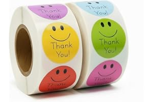 IBAKE 1000 Thank You Smiley Face Stickers – 1" Round Happy Face Labels (2 Rolls) for Packaging, Small Business, Party Favors, Teachers, Reward Charts – Self-Adhesive Waterproof Thank You Stickers
