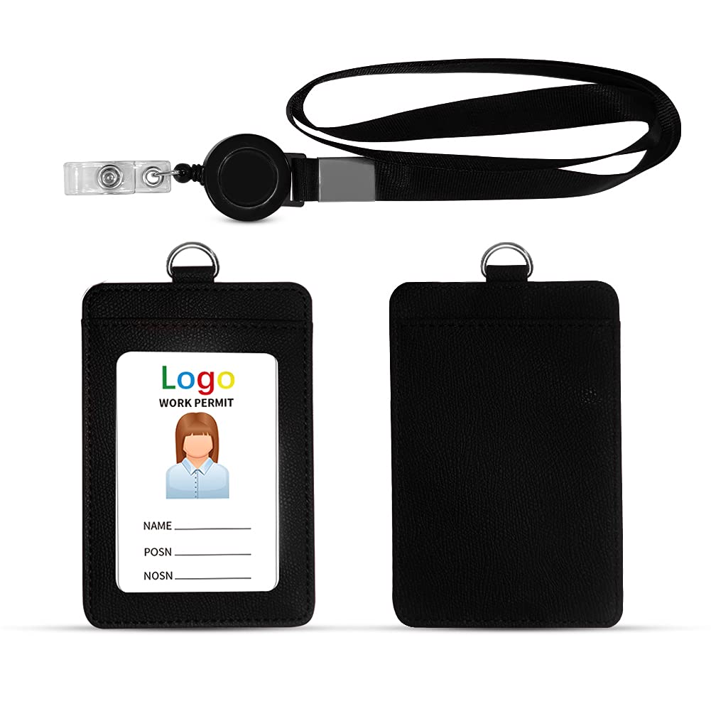 HYCOPROT ID Badge Holder 2-Sided Pu Leather with 1 Id Window and 1 Card Slot and 1 Piece 34.8 Inch Detachable Neck Lanyard id Card Holder for Office School Business Travel Student (Black, Vertical) — image 1