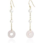 Handmade Small Pearls Natural Rose Quartz Donut Dangling Earrings for Women, Sterling Silver Hooks