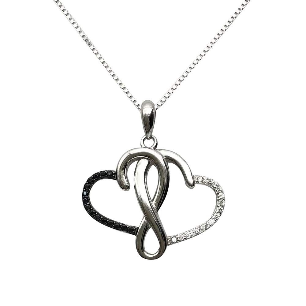 Solid 925 Sterling Silver entwined Hearts for Infinity Pendant with black & White CZ stones & Silver 18" Chain