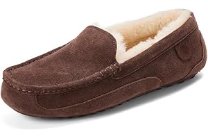 Fireside By Dearfoams Men's Melbourne Genuine Shearling Moccasin Slippers, Memory Foam Sudede Loafers Slip-in House Shoes