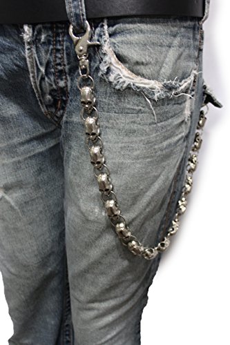 TFJ Men Wallet Chain Biker Long Fashion Jeans Keychain Big Skulls Skeleton Silver