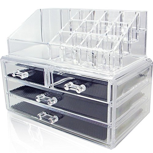 Clear Acrylic Cosmetics Makeup Organizer 4 Drawers with 16 Compartments Top Section