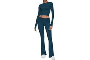 ARYAPYPER Womens 2 Piece Lounge Sets Long Sleeve Cropped Top Fold-Over Flare Pant Set Casual Comfort Outfits Pajamas