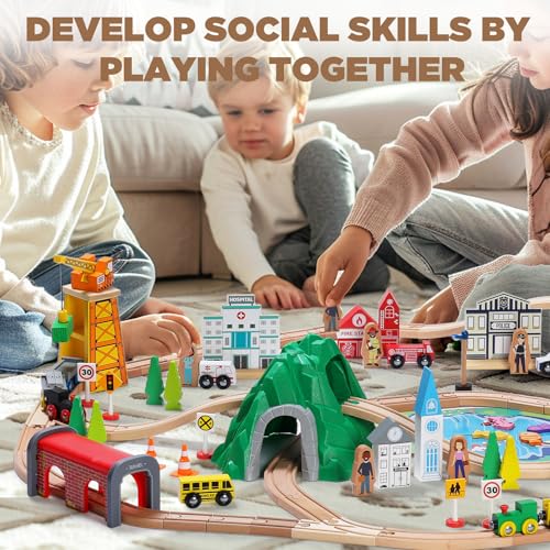 SainSmart Jr. 112-Piece Wooden Train Set for Toddler – Double-Sided Train Tracks, Compatible with Brio, Thomas, Melissa & Doug – Perfect Wood Toy for Boys and Girls