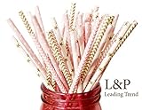 Gold and Pink Straw Mix Star Dots Chevron Stripe 125 Pk