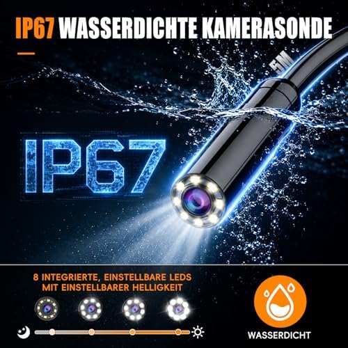 Endoskopkamera mit Licht, SKYBASIC Industrie Endoskop, 4.3-Zoll-IPS- Bildschirm Inspektionskamera,IP67 Wasserdichtes,1080P HD Rohrkamera mit 8 Einstellbaren LEDs -16.5FT/5M Halbstarres Kabel