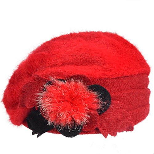 Women's 100% Wool Bucket Hat Felt Cloche Bow Dress Winter Hats (Soft-Red)
