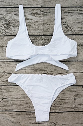 ESONLAR White Front Knotted Active Crop Top High Waist Bikini Swimwear for Women M