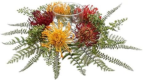 Allstate 17" Red and Yellow Protea and Fern Artificial Candle Ring with Glass Pillar Holder