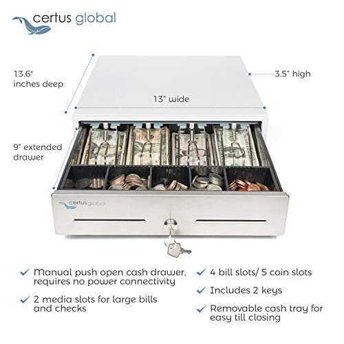 Certus Global Manual Push Open Cash Drawer with Ringing Bell, 4 Bills/5