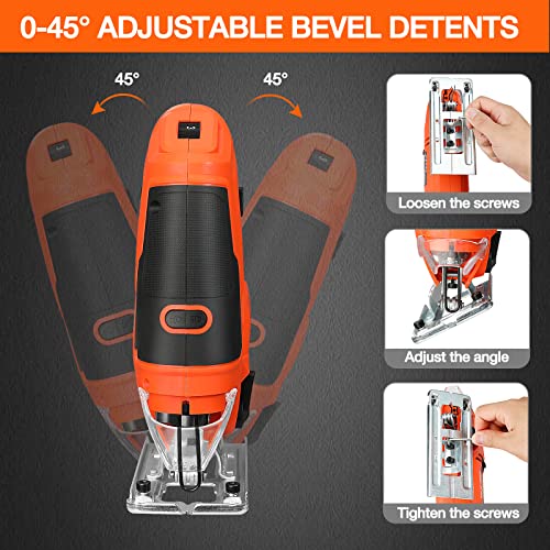 ValueMax Jig Saw, 6.5AMP Corded Electric Jigsaw with 6 Variable Speeds, 4-Position Orbital Setting, ±45° Bevel, Dust Blower and 6Pcs Blades, Jigsaw Tool Kit for Wood, Metal and Plastic Cutting