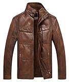 Chouyatou Men's Casual Stand Collar Zip-Up Faux Leather Jacket with Fleece Lined