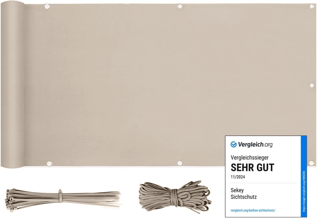 Sekey Balcony Privacy Screen, Balcony Cover, Balcony Cladding, Opaque Wind and UV Protection, 100% Privacy with Eyelets, Nylon Cable Ties and Cord, 75 x 500 cm, Taupe