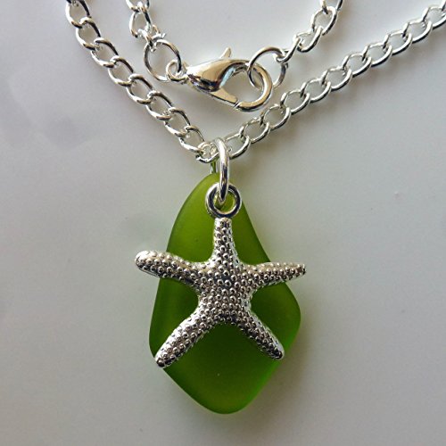 Green sea glass ocean necklace talisman surf beach for girls and women on a 24" silver color amulet chain with nautical starfish delicate elegant young beach prime handmade mermaid tears jewelry