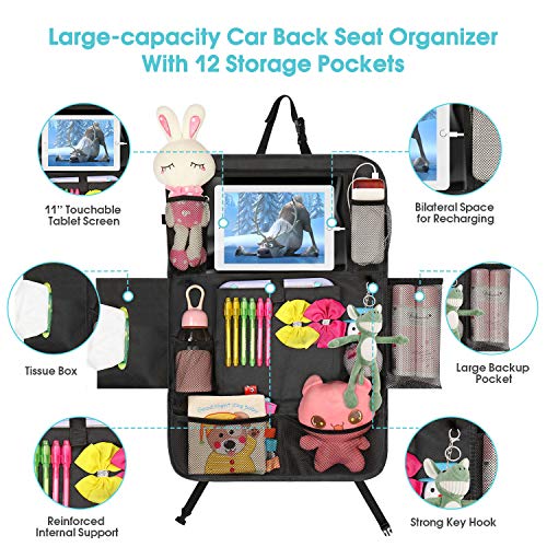 Car Back Seat Organizer - Universal Car Seat Back Protectors Kick Mats with 12 Storage Pockets Touchable Tablet Holder for Kids Baby vehicle organizer, 2 Pack Car Seat Organizers+ 2 Car Headrest Hook