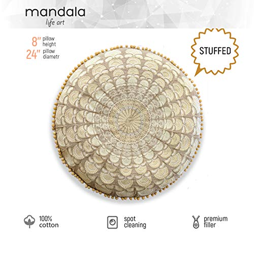 Mandala Life ART Bohemian Yoga Decor Pouf Ottoman - 24x8 inches - Stuffed with Premium Filler - Round Beige Meditation Pillow - Embroidery Organic Cotton Floor Cushion - Thumbnail 2
