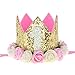 Love Sweety Baby Rose Flower Golden Crown Birthday Headband Hair Accessories (White Pink 1)