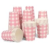 Oppeeye 100pcs 9 oz gingham party Paper cups, Pink Disposable Plaid Paper Checkered Cups for Wedding Birthday Party, Travel, Baby Shower Picnic