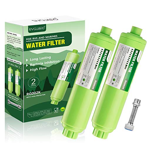 RVGUARD Inline RV Water Filter with Flexible Hose Protector, Reduces