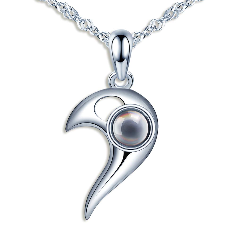 CPSLOVE Asymmetrical Heart Necklace, Women's Men's 999 sterling silver Pendant, Black Nano Stone with 100 languages "I love you" projection