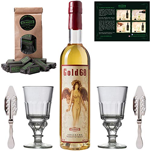 Absinth Set Gold68 | ohne Anis | 2x Absinth-Gläser | 2x Absinth-Löffel | 1x Absinth-Zuckerwürfel | 68% | (1x 0.5 l)