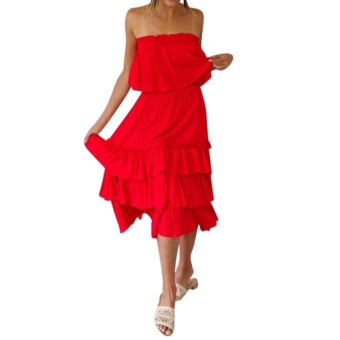 Luckhome Damen Freizeit Kleid Flowy Elegant Bandeau Midi Kleider Blusenkleider Ballkleid Festkleid Frauen EIN Schulter Hemd L