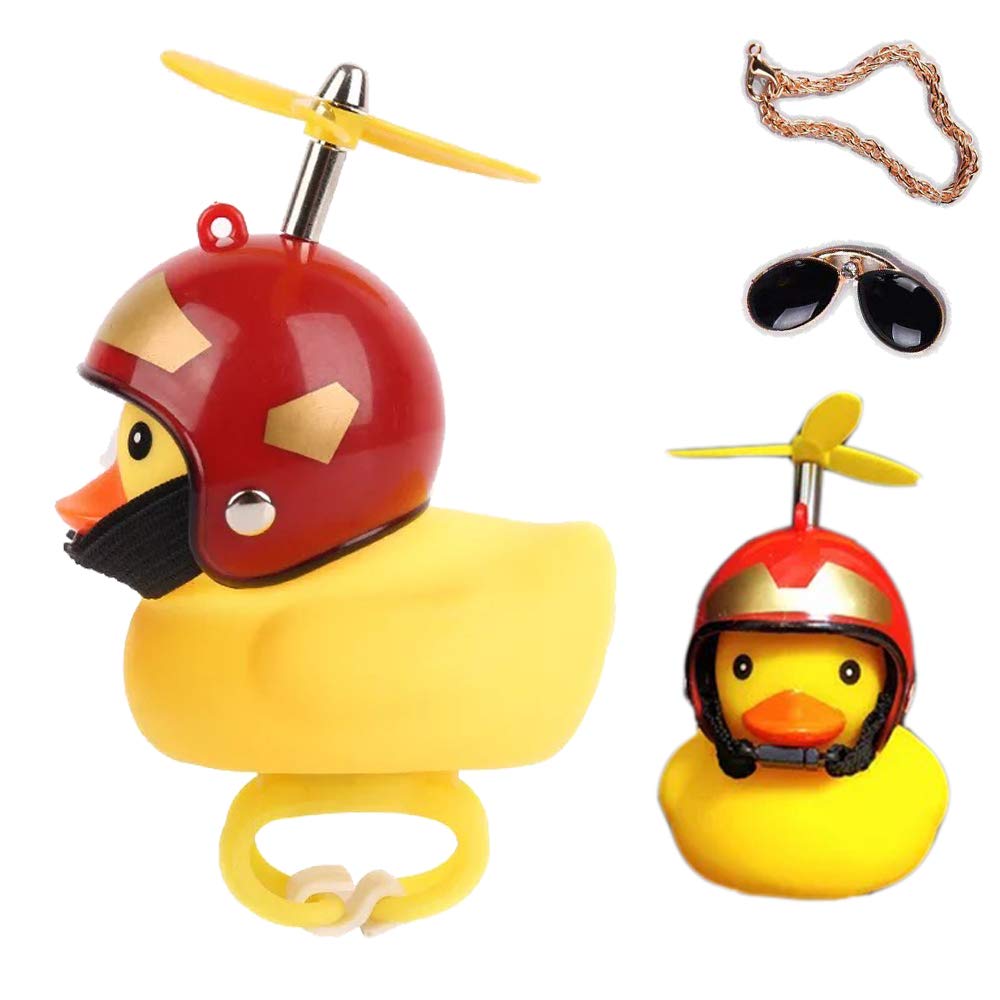 ACEDOAMARE Duck Bike Bell, Cute Rubber Yellow Duck Bicycle Accessories with LED Light Propeller Helmet Squeeze Horns for Cycling Motorcycle Car Handlebar Bicycle (Red n Gold)