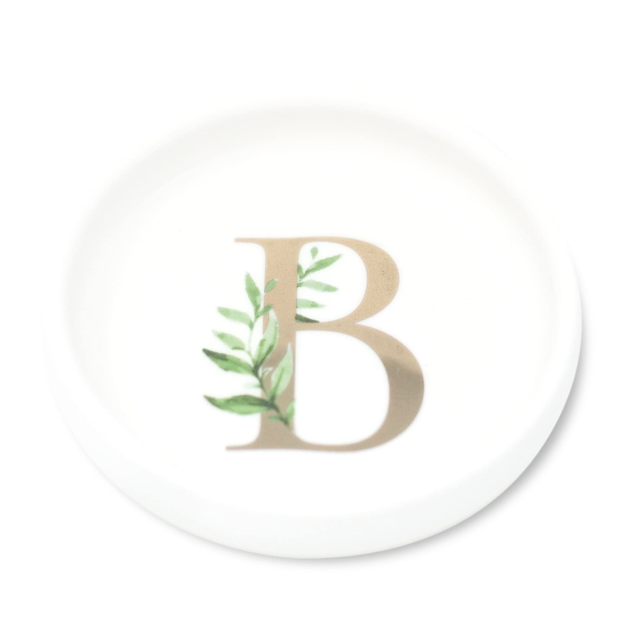 Trinket Tray Ring Dish with Personalized B in Gold Foil and Greenery - White Ring Dish - Monogrammed Trinket Dish or Jewelry Bowl - Cedar & Ink (B)