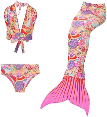 BEONME Kids Girls Sparkle Mermaid Tail With Monofin Swimmable Swimwear 3pcs Sets For Kids 3~12Years