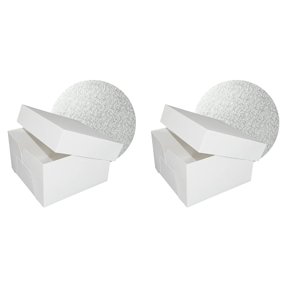 Culpitt 10" Round Silver Cake Drum Board & Box Combo, 10 Inch Square Box and Matching Cake Circle Set for Transport