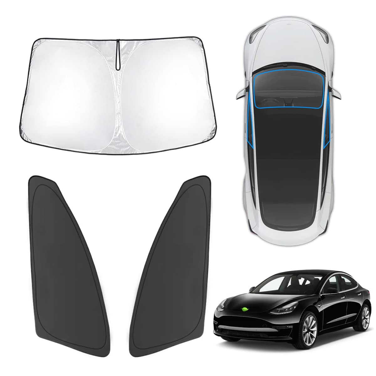 Photo 1 of Karltys 3PCS Front and Side Windshield Sun Shade for Tesla Model 3 2017-2025 2026, 210T Window Sunshade Custom Fit Model 3 Highland, Foldable Sun Shield Sun Visor Protector Keep Your Car Cool