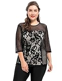 Chicwe Women's Plus Size Stretch Contrast Lined Floral Printed Lace Top - Casual and Work Blouse
