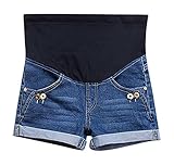 MIAMAMA Women's Maternity Elastic Adjustable Waist Denim Shorts Blue Jeans Button