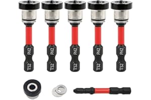 5pcs TEURSA ® Magnetic Drywall Screw Setter Bits – Adjustable Depth PH2 Positioning Bits with Removable Aluminum Collar, S2 Steel Hex Shank for Sheetrock and Plasterboard Screws (5pcs 2")