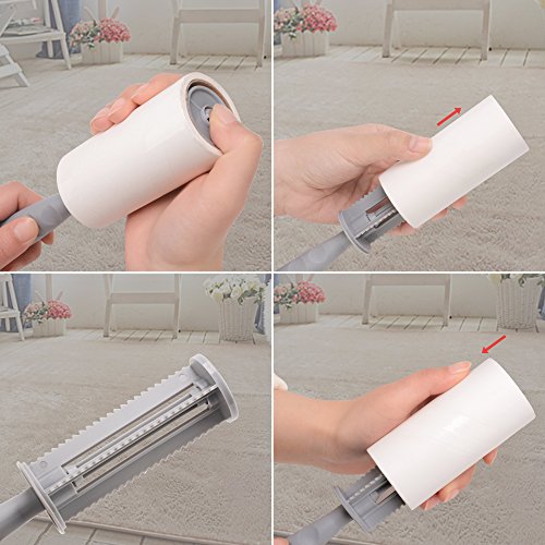 Lint Roller,Long Handle Drum Type Strong Sticky Lint Remover Roller with 4 Refills Total 300 Sheets for Pet Hair,Dust,Clothes and Car seats Removal(Gray)