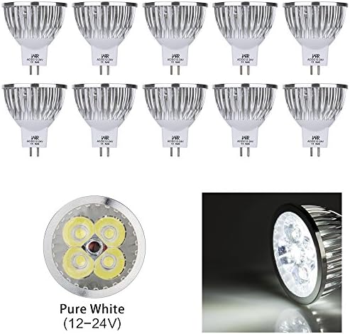 IARR 12V 4W MR16 Pure White LED Bulbs 6000K Daylight Spotlights 50 Watt Equivalent 330 Lumen 60 Degree Beam Angle for Landscape Recessed Accent Lighting (Pack of 10)