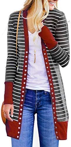 RichCoco Women's Striped Button Down Open Front Long Sleeve Contrast Color Casual Cardigans Sweaters