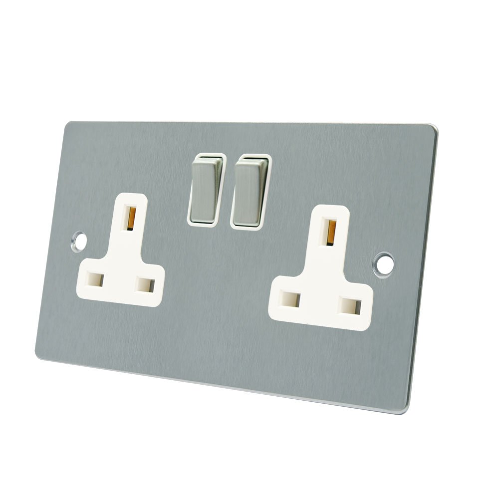 AET FSC2GSOCWS 13 A 2-Gang Satin Chrome Flat Double Plug Socket with White Insert Metal Rocker Switches
