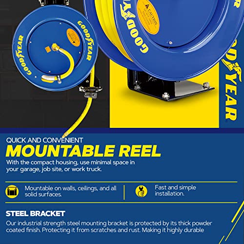 Goodyear Air Hose Reel Retractable 3/8" Inch x 50' Foot SBR Rubber Hose Max 300PSI Heavy Duty