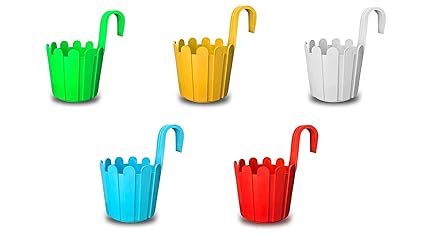 Naturally Green Hanging Planters for Balcony Plastic Fence Hook Pots, Balcony Railing Fence Hook Pots (Multicolor, Set of 5)