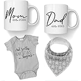 Pregnancy Gift Est 2025 -New Parents Gifts-Mommy and Daddy Est 2025 11 oz Mug Set - Romper (0-3M)-Top Mom and Dad Gift Set for New and Expecting Parents to Be New Mom Gifts for Women (Grey Bib 25)