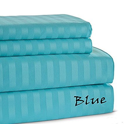 KM Linen Majestic 4-PCs 500 Thread Count Soft Craftman Ship Sheet Set - Egyptian Cotton - Full Size With Extra Large Pocket 25" Deep, Stripe Pattern Light Blue Color