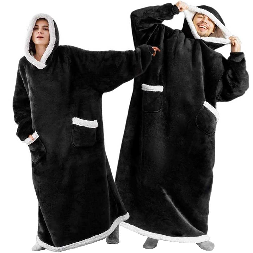 EAHOME Extra Long Hoodie Blanket Sweatshirt 3XL for Women Men 1pcs, Super Warm and Cozy Big Blanket Hoodie, Wearable Flannel Blanket with Sleeves and Pocket Black — image 1