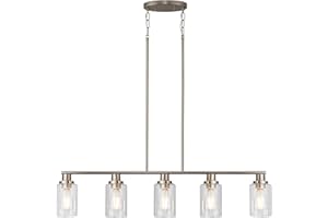 KPIOK Kitchen Island Pendant Lighting, 5-Light Farmhouse Dining Room Light Fixture Over Table, Brushed Nickel Finish with Clear Glass Shade, Rustic Industrial Linear Chandelier for Kitchen Island