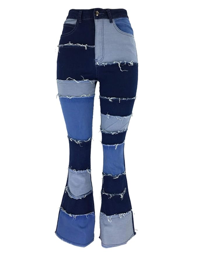 Buy Uaneo Womens Patchwork Boho Denim Flared High Waist Bell Bottom Raw
